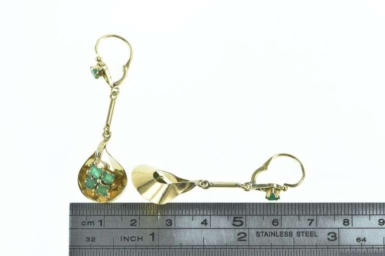18K Yellow Gold Retro Princess Emerald Cluster Dangle Earrings