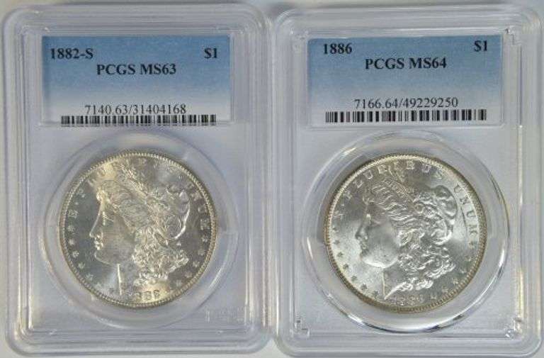1882-S (PCGS MS63) and 1886 (NGC MS64) Morgan Silver Dollars