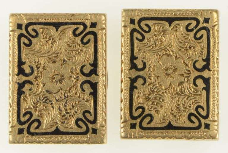 10K Yellow Gold Victorian Ornate Floral Etched Mourning Cuff Links