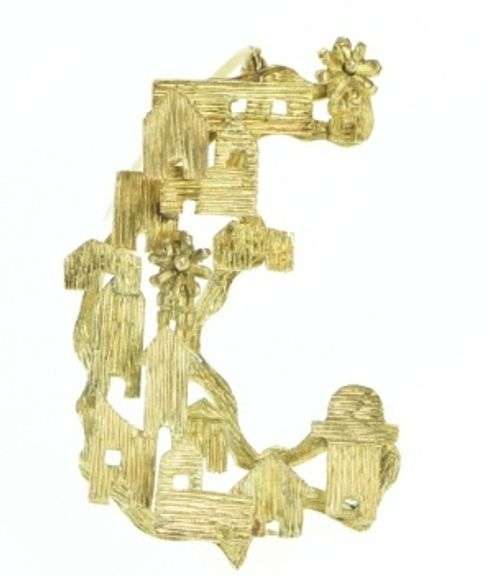 18K Yellow Gold Abstract Grooved House Village Windmill Pin/Brooch