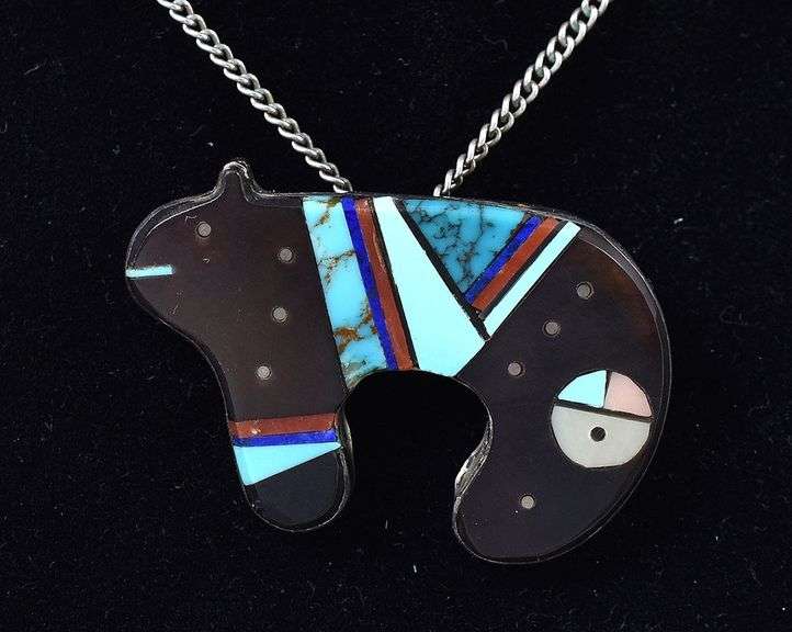 Multi-Gemstone Inlay Bear Pendant Necklace in Sterling Silver