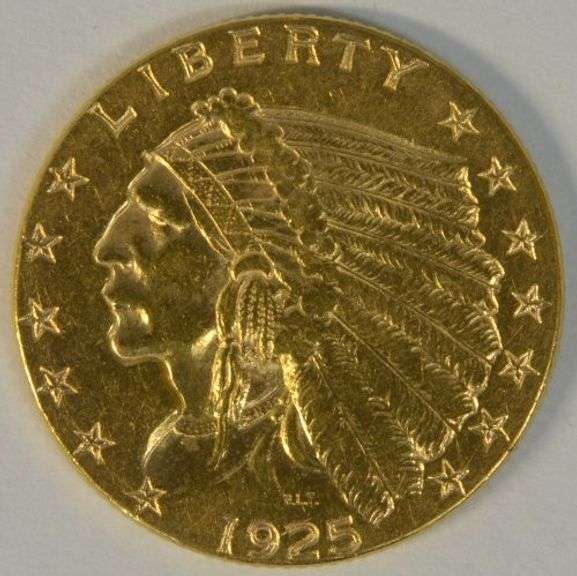 Brilliant 1925-D US $2.50 Indian Gold Piece. Full strike