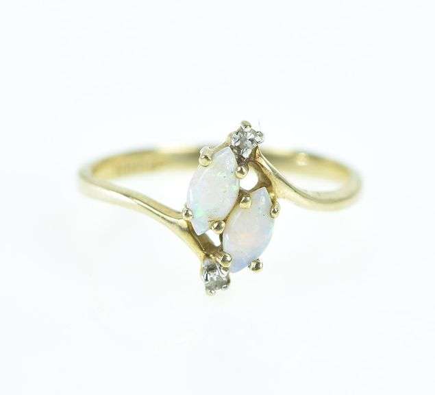 10K Yellow Gold Marquise Natural Opal Diamond Accent Ring