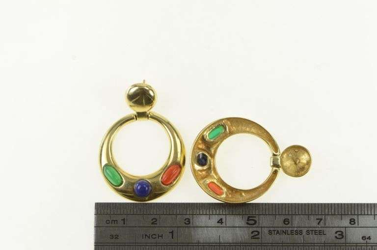 14K Yellow Gold Vintage Circle Green Blue Red Dangle Earrings