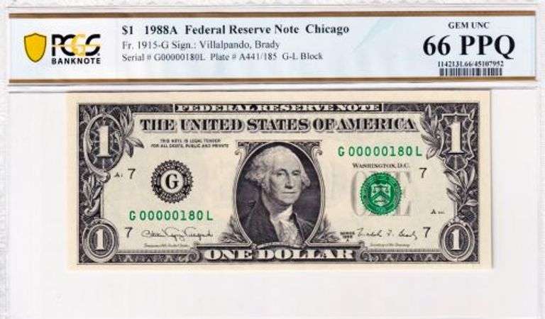Superb Crisp 1988A $1 Note Low Three Digit Serial # 00000180 PCGS 66 PPQ!