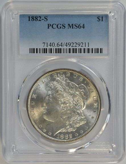 Blazing-white near Gem BU 1882-S Morgan Silver Dollar. PCGS MS64