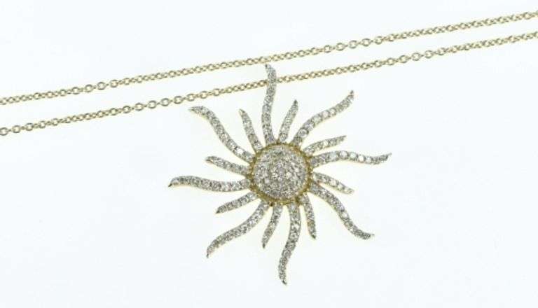 10K Yellow Gold 0.75 Ctw Pave Diamond Encrusted Sun Necklace