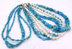 Turquoise and Pearl multi strand bead necklace