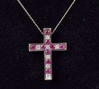 Holy 10K Yellow Gold Cross Pendant Necklace with Sapphire and Ruby Gemstones