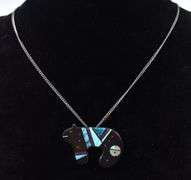 Multi-Gemstone Inlay Bear Pendant Necklace in Sterling Silver