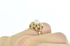 14K Yellow Gold 6.6mm Pearl Diamond Domed Flower Ring