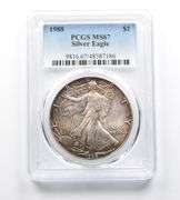 MS67 1988 American Silver Eagle PCGS Beautiful Tone Red/Blue Shadows