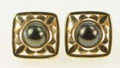 14K Yellow Gold 5.5mm Dark Green Pearl Square Stud Earrings
