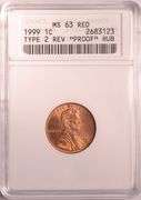1999 Lincoln Cent Wide AM Type 2 Reverse "Proof" Hub ANACS MS63 Red