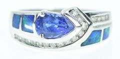 14K White Gold Pear Tanzanite Diamond Opal Vintage Ring