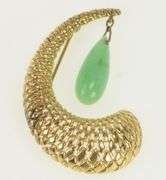 14K Yellow Gold Jadeite Drop Dangle Woven Domed Swirl Pin/Brooch