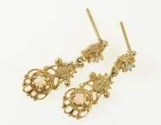 14K Yellow Gold Victorian Ornate Opal Diamond Dangle Earrings