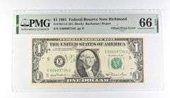 PMG 66 Gem Unc EPQ $1 1981 FRN Richmond Fr#1911-E Offset Print Error