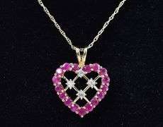 Stunning 10K Yellow Gold Ruby and Diamond Heart Pendant Necklace