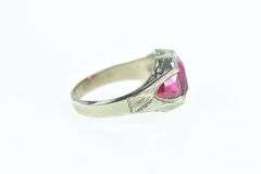 10K White Gold Art Deco Syn. Ruby Engraved Vintage Ring