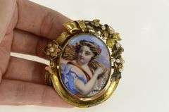 14K Yellow Gold Victorian Painted Lady of the Harvest Pin/Brooch