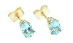 14K Yellow Gold Oval Faceted Blue Topaz Solitaire Stud Earrings