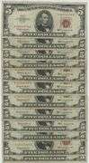Lot of 12 Series of 1963 $5 Red Seal Notes in circ