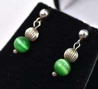 Green Cat's Eye Dangle Earrings in Sterling Silver