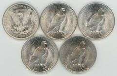 5 Different bright-white Choice BU Silver Dollars from 1921 to 1925