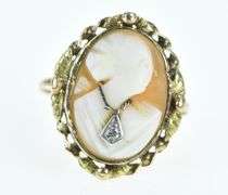 10K Yellow Gold Diamond Necklace Carved Lady Cameo Ring