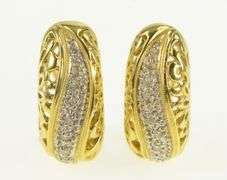 14K Yellow Gold Scroll Filigree Diamond French Clip Earrings