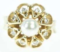 14K Yellow Gold 6.6mm Pearl Diamond Domed Flower Ring