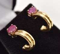 Superb 14K Yellow Gold Ruby Gemstone J-Hoop Earrings
