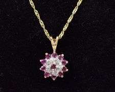Stunning 14K Yellow Gold Flower Pendant Necklace with Ruby and Diamond Gemstones