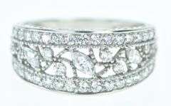 14K White Gold Vintage Vine Milgrain Leaf CZ Band Ring