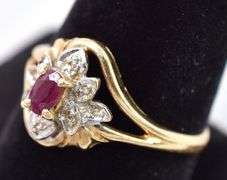 Beautiful 10K Yellow Gold Ruby and Diamond Flower Ring