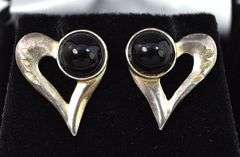 Sterling Silver Black Onyx Heart Stud Earrings