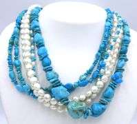 Turquoise and Pearl multi strand bead necklace