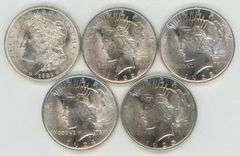 5 Different bright-white Choice BU Silver Dollars from 1921 to 1925