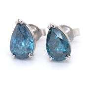 14kt White gold 2.06ctw Irradiated blue diamond pear shaped stud earrings