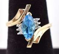 Perfect 10K Yellow Gold Blue Topaz and Diamond Ring