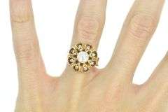 14K Yellow Gold 6.6mm Pearl Diamond Domed Flower Ring