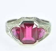 10K White Gold Art Deco Syn. Ruby Engraved Vintage Ring