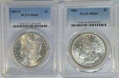 1882-S (PCGS MS63) and 1886 (NGC MS64) Morgan Silver Dollars