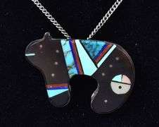 Multi-Gemstone Inlay Bear Pendant Necklace in Sterling Silver