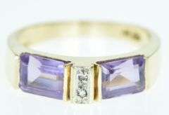 14K Yellow Gold Emerald Cut Amethyst Diamond Band Ring