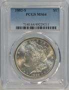 Blazing-white near Gem BU 1882-S Morgan Silver Dollar. PCGS MS64