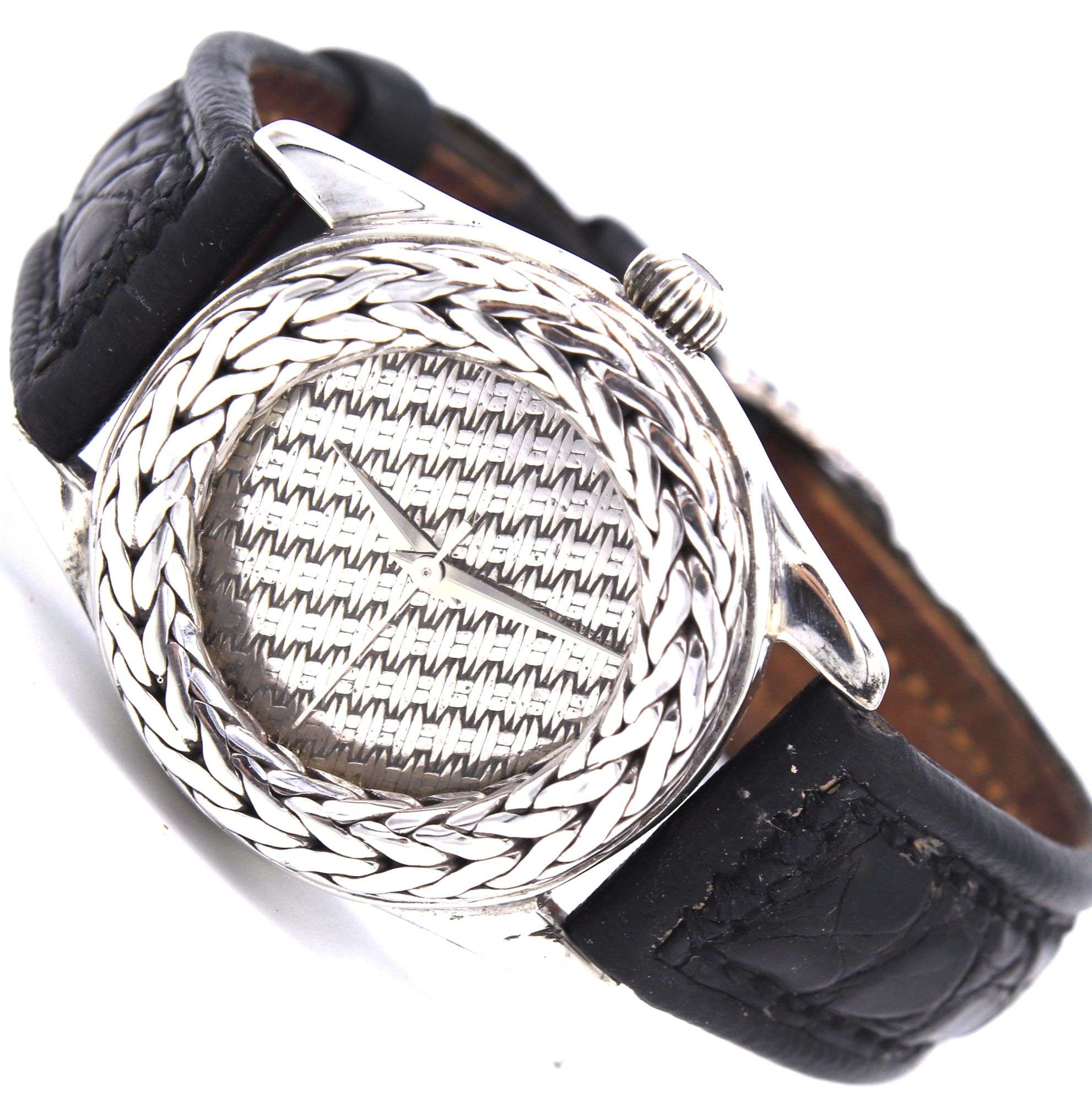 John Hardy silver woven quartz watch with black leather
