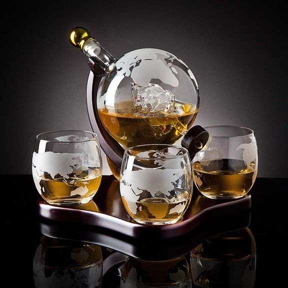 Hand Blown Whiskey Decanter Globe Set 4-Glasses