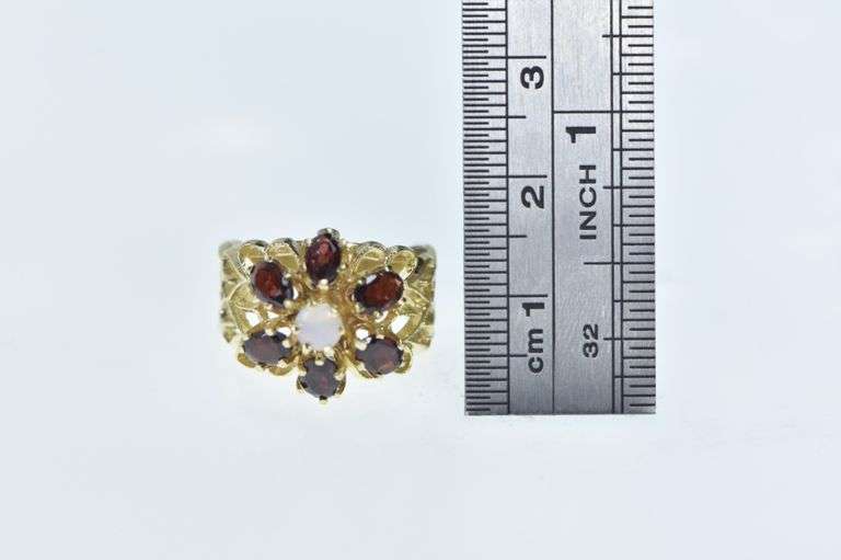 14K Yellow Gold Opal Garnet Halo Cocktail Heart Filigree Ring